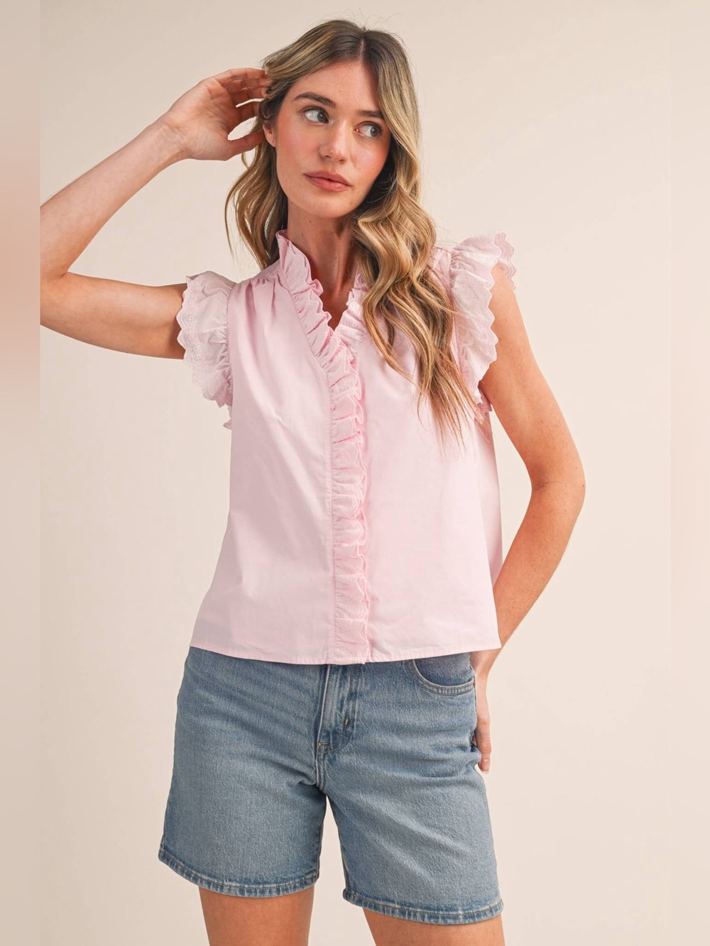 &MERCI PEONY PINK LACE TRIM RUFFLED BUTTON DOWN TOP